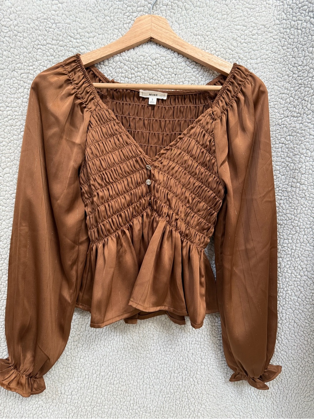 MINE Brown Smocked Peplum Blouse Balloon Sleeve Top Size S